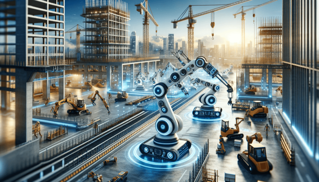 A futuristic construction site featuring autonomous machinery and advanced robotics 